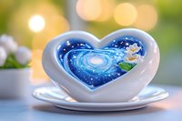 Heart-shaped ceramic bowl with cosmic galaxy design and small fairy figurine, set on saucer against soft bokeh background.