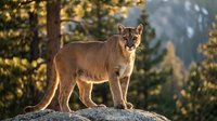 Mountain lion standing on rocky ledge in golden sunlight with forest background, powerful predator in natural wilderness habitat.