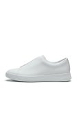 White minimalist slip-on sneaker with clean leather upper and platform sole, isolated on white background for fashion and footwear design use.
