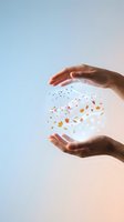 Two hands holding falling autumn leaves and flower petals against a soft gradient sky, symbolizing care, nature preservation, and seasonal change for environmental and wellness concepts.