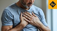 Middle-aged Hispanic man in grey t-shirt clutching chest in pain, showing signs of possible heart attack or cardiac distress against blurred indoor background.