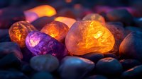 Glowing healing crystals and mineral stones illuminated from within, purple amethyst and orange citrine gems on dark rocks with mystical light effects.