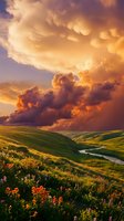 Dramatic golden sunset clouds tower over rolling green hills with wildflowers and a winding stream, creating a stunning landscape scene for nature and travel projects.
