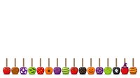 Isolated row of colorful striped and patterned apples with various designs including stripes, polka dots, and faces on white background for clipart and design use.