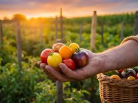 Farmer hands holding colorful heirloom tomatoes at sunset in organic vegetable garden with basket harvest for fresh healthy farm to table cooking.