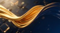 Flowing golden liquid wave with glossy texture against dark blue background, suitable for luxury branding, cosmetics packaging, and premium product advertising.