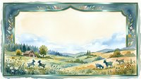 Pastoral countryside landscape with rolling hills, grazing deer, farmhouse, and wildflower meadow framed by ornate vintage border, suitable for greeting cards and wall art.