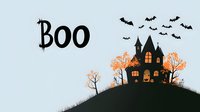 Spooky Halloween scene with haunted mansion silhouette on hill, flying bats and BOO text against light blue background, creates eerie autumn atmosphere.