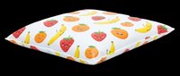 Cute kawaii fruit pillow with smiling faces on white fabric, isolated on transparent background. Great for product mockups, print on demand, stickers, and clipart design use.