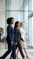 Three diverse professional businesswomen walking confidently through modern office building with glass walls and natural lighting.