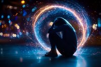 Silhouette of person sitting alone surrounded by magical glowing circle of light and sparkles against dark background with blue bokeh lights, expressing solitude.
