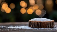 Rustic wood slice with scattered sugar crystals against blurred golden bokeh lights background, creating magical winter atmosphere for food photography.