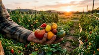 Farmer hands holding fresh organic tomatoes at sunset in vegetable garden. Harvest time concept for healthy eating and sustainable agriculture.