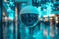 Modern security dome camera in blue neon lighting atmosphere with bokeh effect and reflective surfaces creates futuristic surveillance ambiance in urban setting.