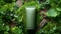 Green cosmetic tube on natural wooden background with fresh moss and leaves. Eco-friendly skincare product packaging mockup surrounded by lush forest elements.