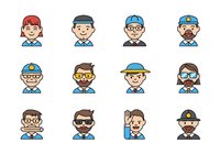 Young woman with red hair wearing blue collar shirt, smiling male worker in cap, male professional with blue hard hat, bearded man in blue uniform cap, male worker with glasses and blue uniform, man with brown hair and mustache, male ranger in wide-brimmed hat, woman with brown hair and sunglasses, man with glasses and beard, man with dark hair and sunglasses, boy with raised hand wearing blue shirt, man with beard and yellow cap badge. Isolated avatars for web design, apps, user profiles.