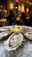 Fresh raw oysters on ice with lemon wedges served on a platter in an upscale restaurant, steam rising, bokeh lights in background.