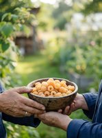 Two people sharing a bowl of freshly harvested apricots in a lush garden setting, showcasing farm-to-table produce and agricultural abundance for food and harvest themes.