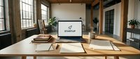 Laptop with startup logo on screen placed on wooden desk in bright modern loft office with large windows and scattered documents.