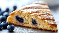 Fresh baked blueberry scone with powdered sugar dusting shown in close up macro view, revealing soft texture and fruit filling, on dark surface with berries.