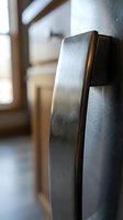 Modern stainless steel refrigerator handle in contemporary kitchen interior with warm lighting and blurred background for home appliance design concepts.