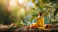 Amber glass bottle with golden oil surrounded by fresh olive branch and scattered olives on rustic wooden surface with warm sunlight filtering through foliage.