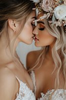 Two brides in white lace dresses sharing intimate moment with floral crown. LGBTQ wedding photography for romantic celebration and love concept.
