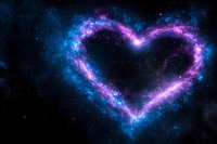 Cosmic heart-shaped nebula glowing with vibrant pink and blue colors against dark space background, stars scattered across celestial formation.