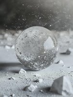 Transparent glass sphere with air bubbles on concrete surface with falling snow particles creating winter atmosphere for seasonal design projects.