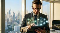 Professional man in glasses wearing dark blazer uses tablet with holographic technology icons floating above screen in modern office with city skyline view.