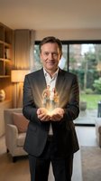 Middle-aged Caucasian businessman in dark suit holding glowing holographic family figures in cupped hands, representing life insurance protection concept.
