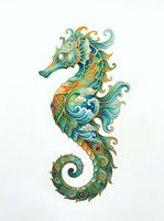 Ornate seahorse with turquoise, gold, and green decorative swirls and patterns, isolated on white background. Suitable for clipart, t-shirt design, and graphic applications.
