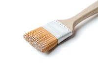 Clean paintbrush with wooden handle and synthetic bristles isolated on white background, close-up view showing detailed brush texture and ferrule.