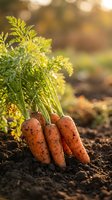Fresh organic carrots with green tops growing in rich soil during golden hour sunlight for healthy eating and sustainable agriculture concepts.