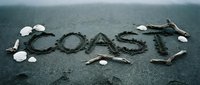 Word COAST written in dark wet sand with driftwood and seashells, coastal beach art concept for summer travel and nature design.