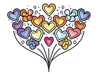 Colorful heart bouquet with flowers in doodle style on white background, romantic line art design for valentines cards and wedding invitations.