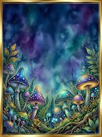 Enchanted forest floor with glowing mushrooms and cosmic sky, featuring bioluminescent fungi, magical plants, and starry night atmosphere for fantasy and mystical design projects.