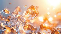 Sparkling ice crystals floating in golden sunlight with bokeh effects and glowing particles create magical winter atmosphere for seasonal backgrounds.