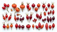 Assorted rosehips and wild berries arranged in rows on white background, displaying various sizes, shapes and red to deep burgundy colors. Suitable for botanical, culinary, herbal medicine, and educational design projects.