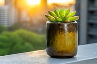 Green succulent plant in rustic ceramic pot against sunset background with soft bokeh light. Natural home decor on concrete surface outdoors.