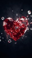 Red crystal heart shattering into fragments with sparkling particles on dark background for romantic and emotional design concepts.