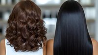 Side by side comparison of curly brown hair and straight black hair styles shown from behind, demonstrating different hair textures and professional salon results.