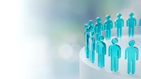 Business team leadership concept with turquoise human figures standing on white steps against soft gradient background for corporate presentations.