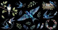 Swallows and swifts in flight with botanical elements, isolated on transparent background. Ready for t-shirt designs, clipart, stickers, sublimation, print-on-demand products and digital crafts.