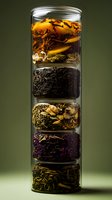 Stacked glass containers filled with various loose tea leaves and dried flowers against green background, showcasing different tea varieties and textures.