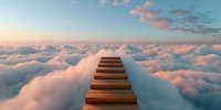 Wooden stairway ascending through fluffy clouds at sunset, leading upward into pink-tinted sky, symbolizing success, achievement and spiritual journey.