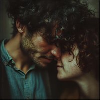 Intimate portrait of young couple with curly hair embracing in soft natural light creating romantic mood for relationship and love concepts.