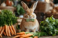 Adorable brown rabbit wearing green checkered bow tie sits among fresh carrots and leafy vegetables on wooden table, creating charming farm-to-table atmosphere.