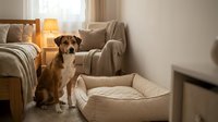 Small mixed breed dog sitting beside beige armchair next to cozy pet bed in warm modern living room interior with soft natural lighting.