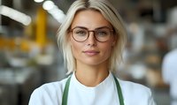 Professional female barista wearing glasses and green apron smiling confidently at camera in modern coffee shop setting. Warm lighting highlights blonde hair and welcoming expression.